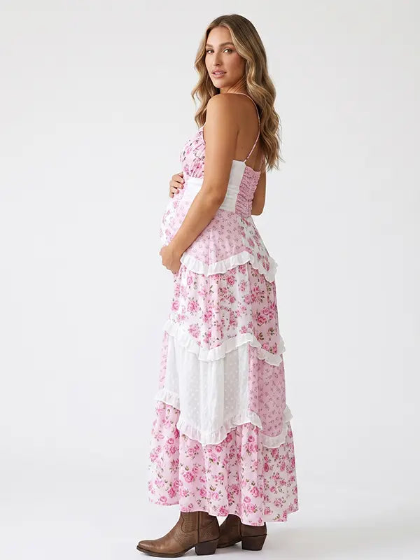 Pink Floral Maternity Dress, Boho Patchwork Pregnancy Maxi Dress for Pink Baby Shower, Garden Baby Shower, Spring Maternity Photoshoot | Bumplook
