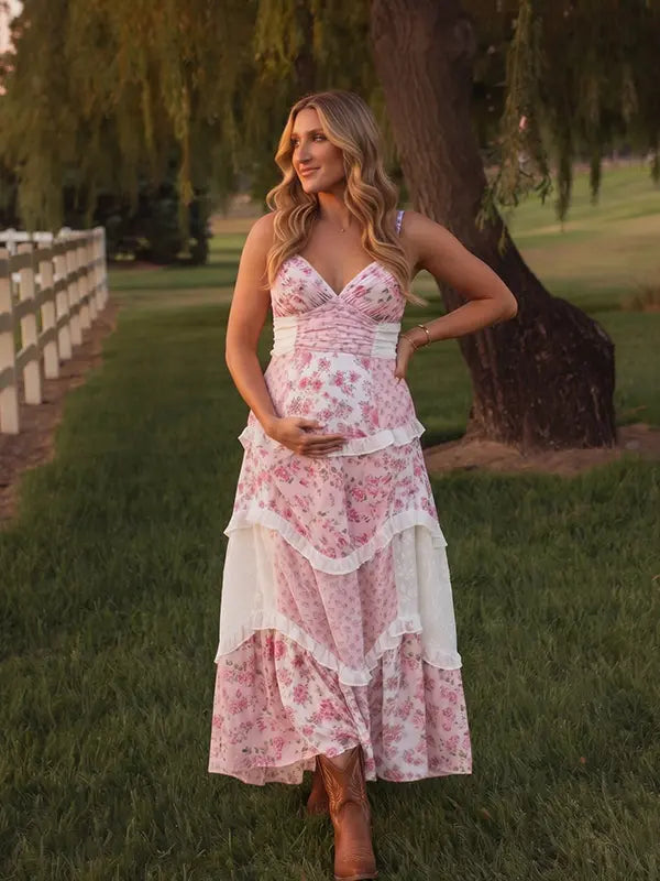 Pink Floral Maternity Dress, Boho Patchwork Pregnancy Maxi Dress for Pink Baby Shower, Garden Baby Shower, Spring Maternity Photoshoot | Bumplook