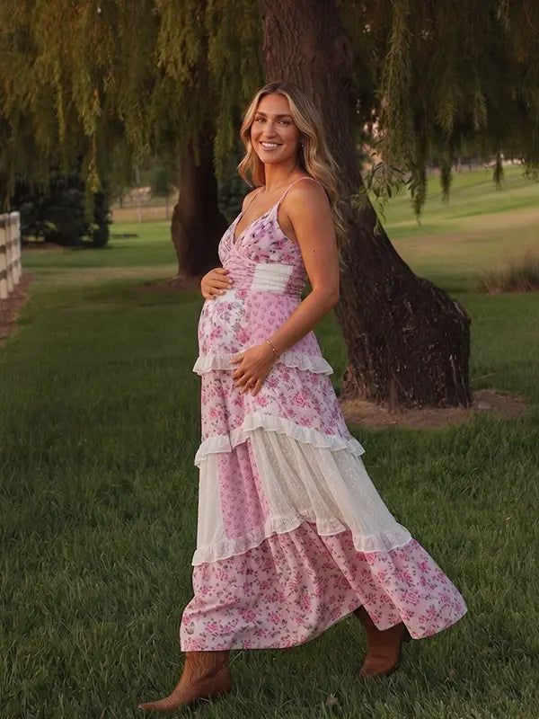 Pink Floral Maternity Dress, Boho Patchwork Pregnancy Maxi Dress for Pink Baby Shower, Garden Baby Shower, Spring Maternity Photoshoot | Bumplook