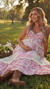 Pink Floral Maternity Dress, Boho Patchwork Pregnancy Maxi Dress for Pink Baby Shower, Garden Baby Shower, Spring Maternity Photoshoot | Bumplook