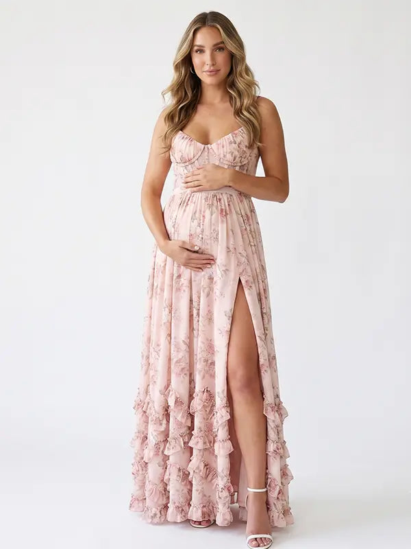 Pink Floral Ruffle Maternity Maxi Dress, Lace Up Back Pregnancy Photoshoot Gown for Baby Shower, Maternity Photoshoot, Gender Reveal, Pregnancy Announcement, Wedding Guest, Bridal Shower, Formal Events | Bumplook