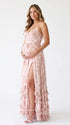 Pink Floral Ruffle Maternity Maxi Dress, Lace Up Back Pregnancy Photoshoot Gown for Baby Shower, Maternity Photoshoot, Gender Reveal, Pregnancy Announcement, Wedding Guest, Bridal Shower, Formal Events | Bumplook
