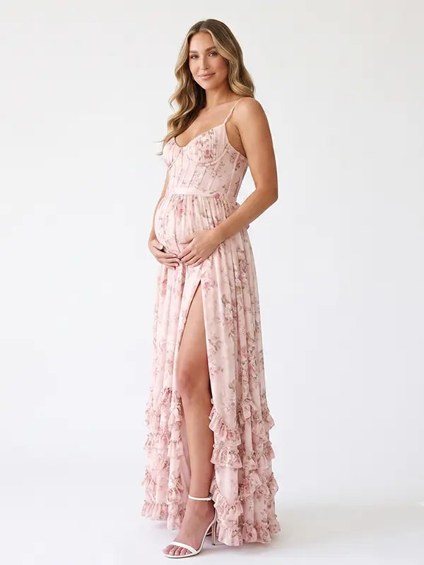 Pink Floral Ruffle Maternity Maxi Dress, Lace Up Back Pregnancy Photoshoot Gown for Baby Shower, Maternity Photoshoot, Gender Reveal, Pregnancy Announcement, Wedding Guest, Bridal Shower, Formal Events | Bumplook