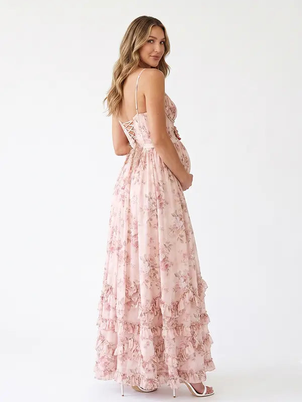 Pink Floral Ruffle Maternity Maxi Dress, Lace Up Back Pregnancy Photoshoot Gown for Baby Shower, Maternity Photoshoot, Gender Reveal, Pregnancy Announcement, Wedding Guest, Bridal Shower, Formal Events | Bumplook