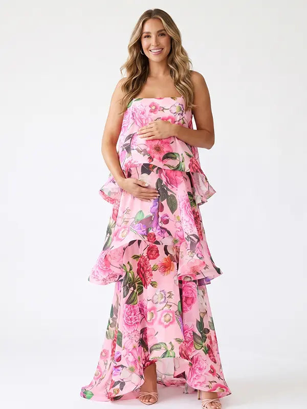 Pink Floral Tiered Ruffle Adjustable Strap Maternity Maxi Dress for Baby Shower, Garden Party, Maternity Photoshoot, Pregnancy Announcement, Spring Wedding and Vacation | Bumplook