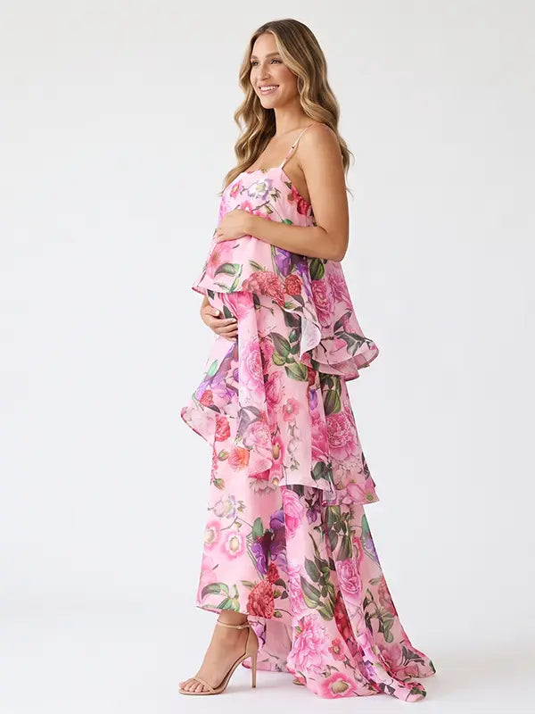 Pink Floral Tiered Ruffle Adjustable Strap Maternity Maxi Dress for Baby Shower, Garden Party, Maternity Photoshoot, Pregnancy Announcement, Spring Wedding and Vacation | Bumplook