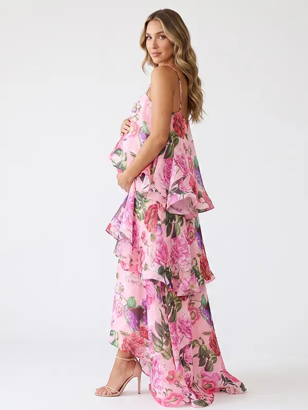 Pink Floral Tiered Ruffle Adjustable Strap Maternity Maxi Dress for Baby Shower, Garden Party, Maternity Photoshoot, Pregnancy Announcement, Spring Wedding and Vacation | Bumplook