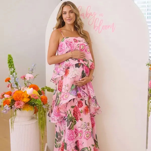 Pink Floral Tiered Ruffle Adjustable Strap Maternity Maxi Dress for Baby Shower, Garden Party, Maternity Photoshoot, Pregnancy Announcement, Spring Wedding and Vacation | Bumplook
