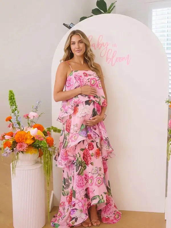 Pink Floral Tiered Ruffle Adjustable Strap Maternity Maxi Dress for Baby Shower, Garden Party, Maternity Photoshoot, Pregnancy Announcement, Spring Wedding and Vacation | Bumplook