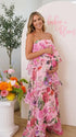 Pink Floral Tiered Ruffle Adjustable Strap Maternity Maxi Dress for Baby Shower, Garden Party, Maternity Photoshoot, Pregnancy Announcement, Spring Wedding and Vacation | Bumplook