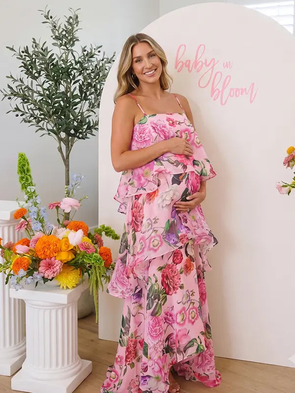 Pink Floral Tiered Ruffle Adjustable Strap Maternity Maxi Dress for Baby Shower, Garden Party, Maternity Photoshoot, Pregnancy Announcement, Spring Wedding and Vacation | Bumplook
