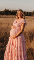 Pink V Neck Maternity Dress, Tiered Pregnancy Dress for Baby Shower, Maternity Photoshoot, Gender Reveal, Bridal Shower | Bumplook