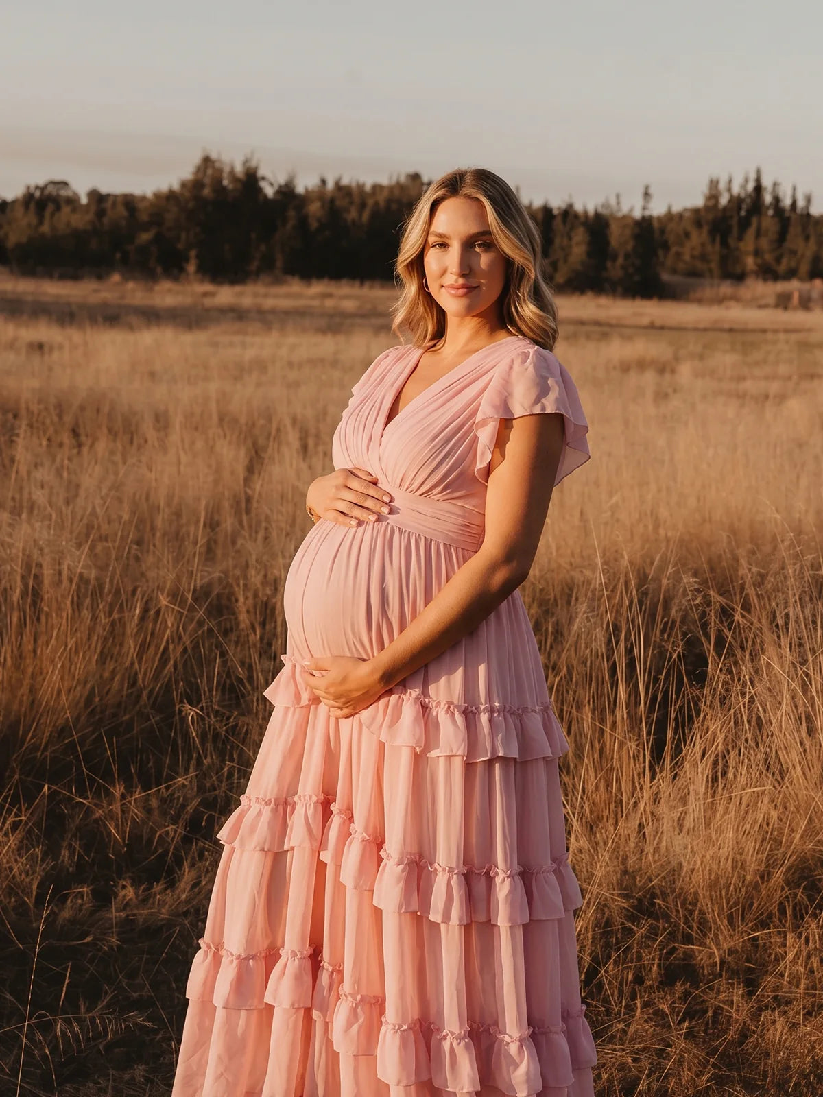 Pink V Neck Maternity Dress, Tiered Pregnancy Dress for Baby Shower, Maternity Photoshoot, Gender Reveal, Bridal Shower | Bumplook