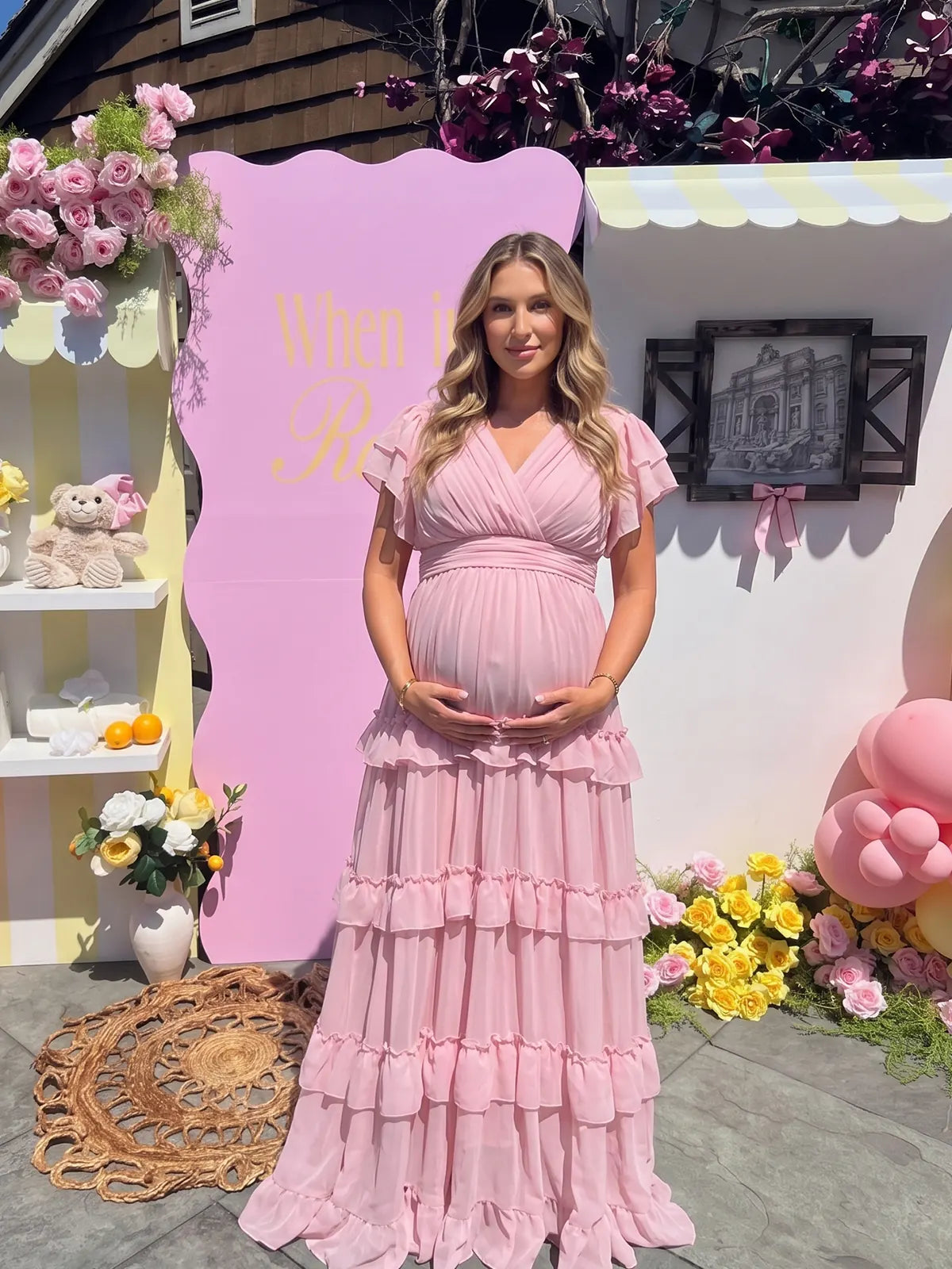 Pink Maternity Photoshoot Dress, Flowing Maxi Dress for Baby Shower, Pregnancy Announcement, Gender Reveal, Outdoor Photos | Bumplook