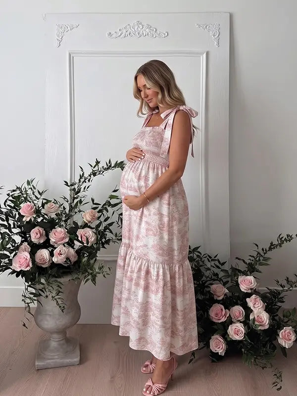 Pink Tie Shoulder Maternity Dress for Garden Baby Shower | Bumplook