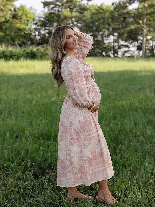 Pink Garden Maternity Photoshoot Dress with Romantic Puff Sleeves | Bumplook