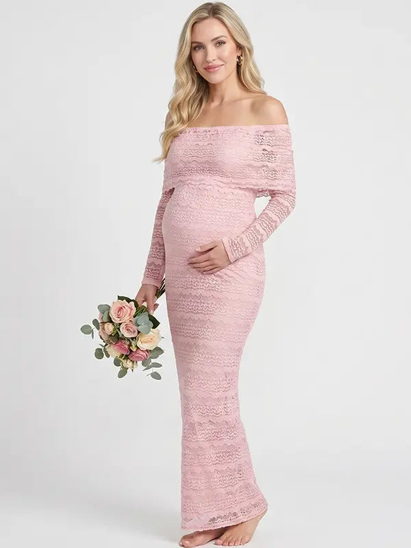 blush pink lace maternity dress off shoulder long sleeve bodycon photoshoot gown