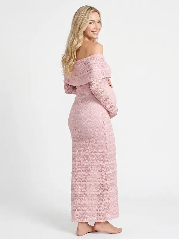 Pink Lace Off-Shoulder Bodycon Maternity Maxi Dress|Baby Shower&Reveal  Gender| Bumplook