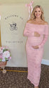 blush pink lace maternity dress off shoulder long sleeve bodycon photoshoot gown