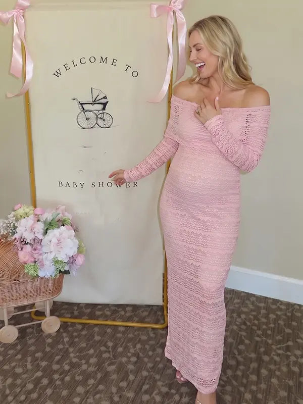 blush pink lace maternity dress off shoulder long sleeve bodycon photoshoot gown