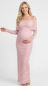blush pink lace maternity dress off shoulder long sleeve bodycon photoshoot gown