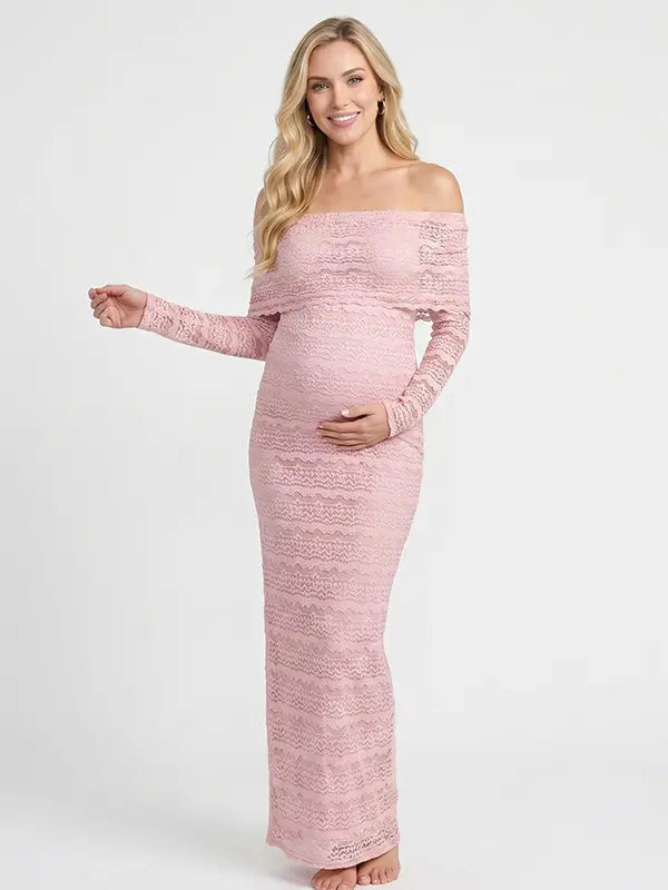 blush pink lace maternity dress off shoulder long sleeve bodycon photoshoot gown