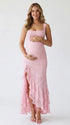Pink Lace Maternity Dress with Ruffle Hem and Side Slit | Bumplook