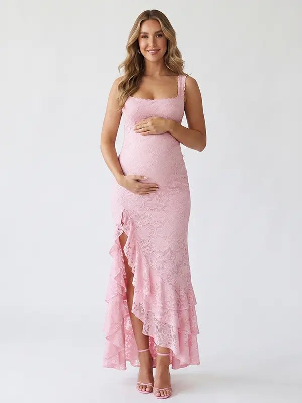 Pink Lace Maternity Dress with Ruffle Hem and Side Slit | Bumplook