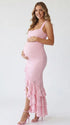 Pink Lace Maternity Dress with Ruffle Hem and Side Slit | Bumplook