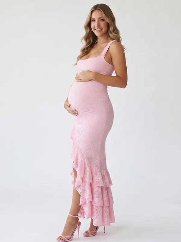 Pink Lace Maternity Dress with Ruffle Hem and Side Slit | Bumplook