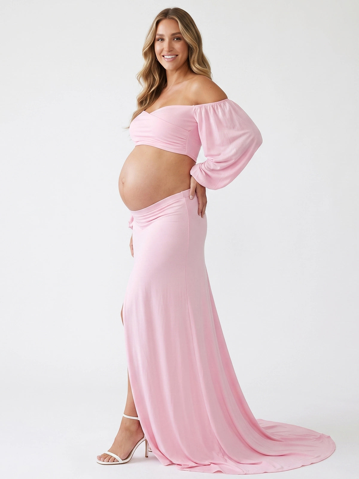 Pink Maternity Crop Top Photoshoot Outfit, Off Shoulder Long Sleeve Top for Pregnancy and Baby Bump Photos | Bumplook