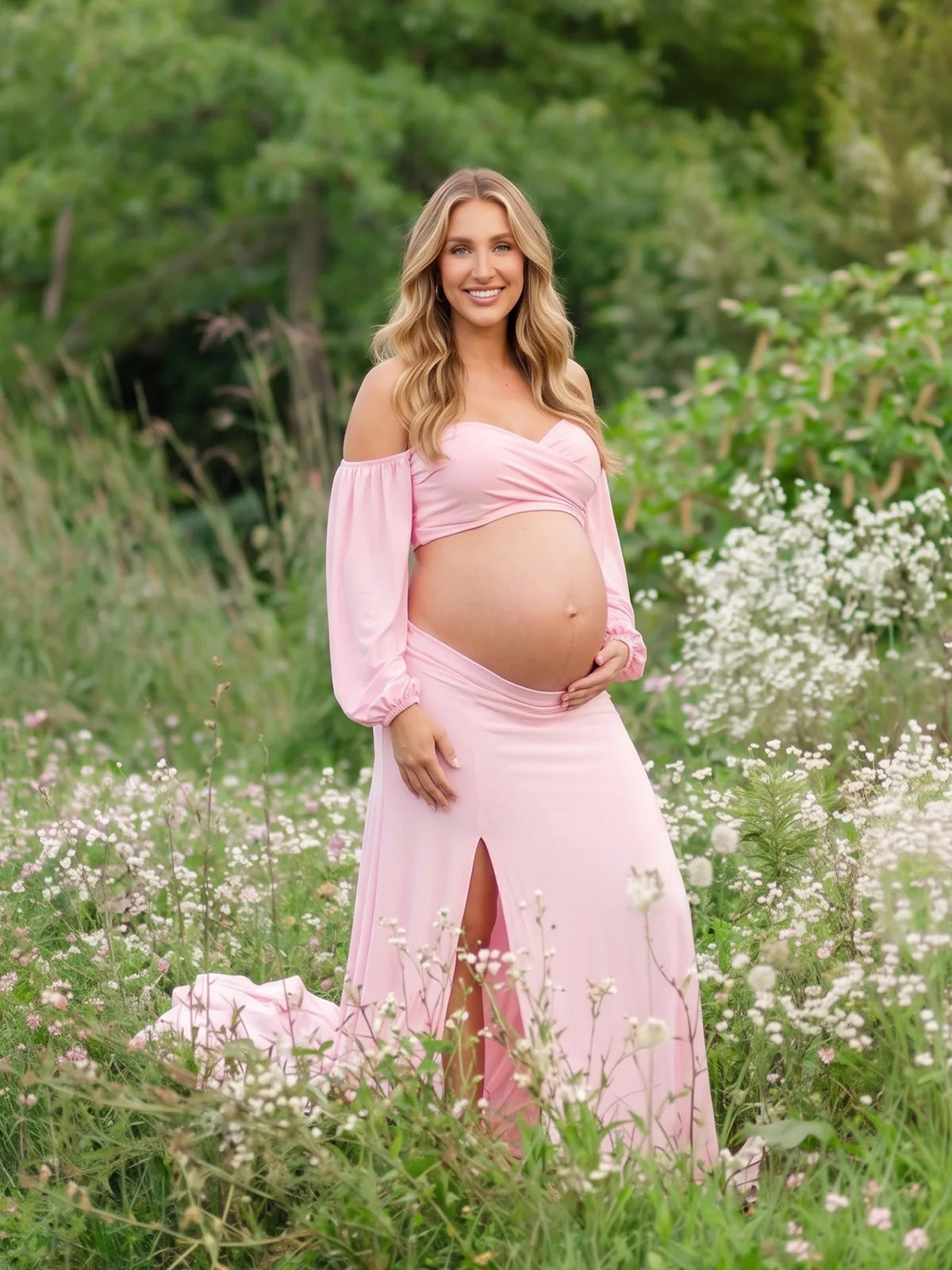 Two Piece Pink Maternity Photoshoot Outfit, Crop Top and Maxi Skirt Set for Studio Pregnancy Portraits | Bumplook