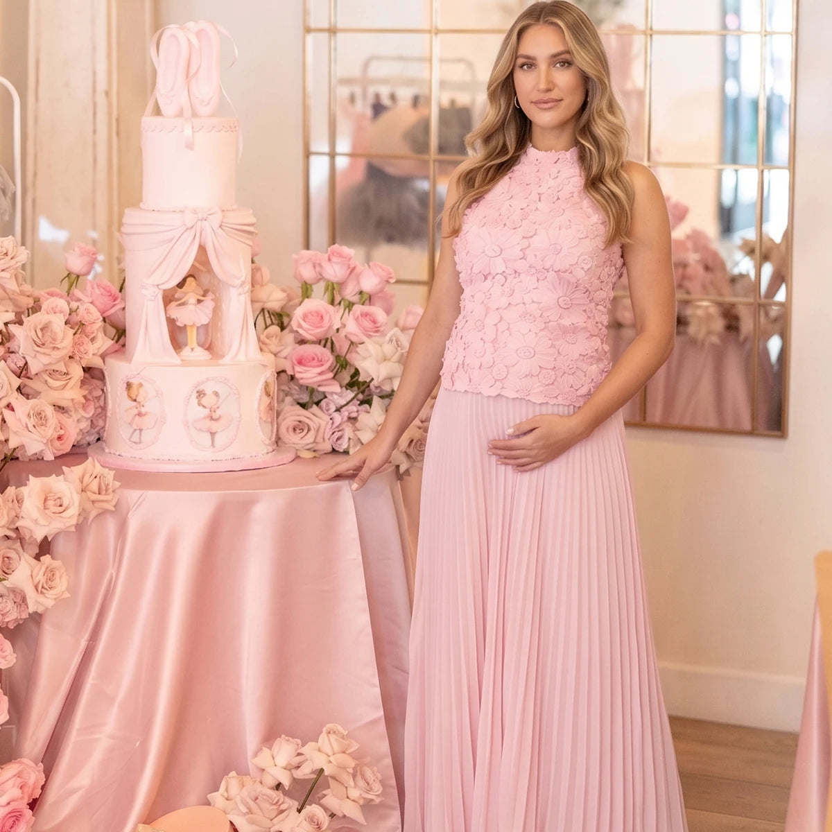 Blush Pink Floral Appliqué Pleated Maternity Maxi Dress | Bumplook
