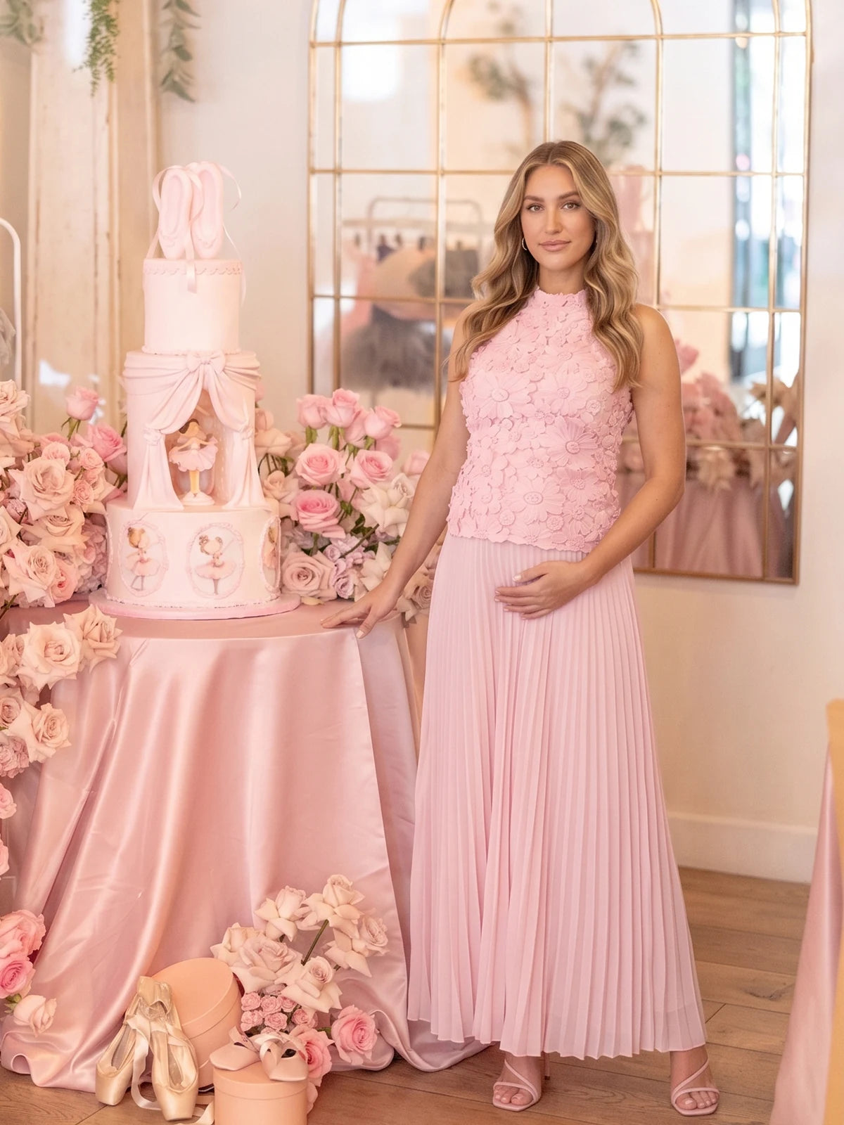 Blush Pink Floral Appliqué Pleated Maternity Maxi Dress | Bumplook