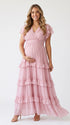 Pink Tiered Maternity Dress, Baby Girl Shower Dress for Maternity Photoshoot, Gender Reveal, Pregnancy Announcement | Bumplook