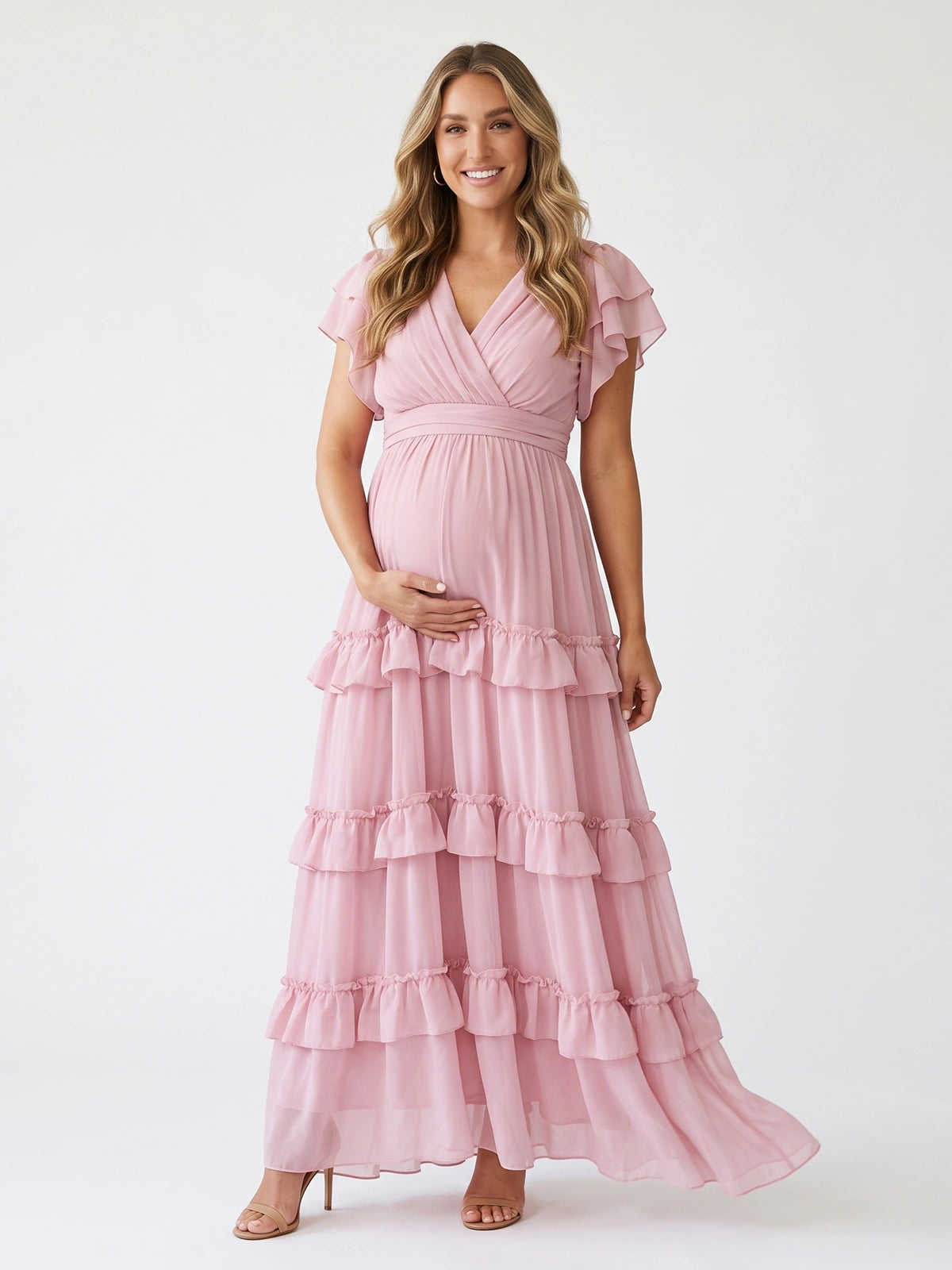 Pink Tiered Maternity Dress, Baby Girl Shower Dress for Maternity Photoshoot, Gender Reveal, Pregnancy Announcement | Bumplook