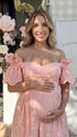 Pink Off Shoulder Maternity Dress, Baby Shower Midi Dress for Maternity Photoshoot, Gender Reveal and Spring Events | Bumplook