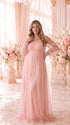 Blush Pink Swiss Dot Maternity Dress, Off Shoulder Long Sleeve Gown for Maternity Photoshoot and Baby Shower | Bumplook