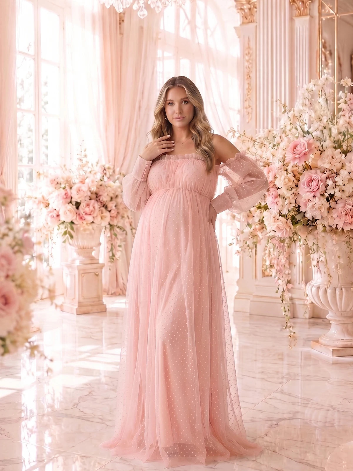 Blush Pink Swiss Dot Maternity Dress, Off Shoulder Long Sleeve Gown for Maternity Photoshoot and Baby Shower | Bumplook