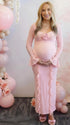 elegant pink baby shower maternity dress with sheer sleeves