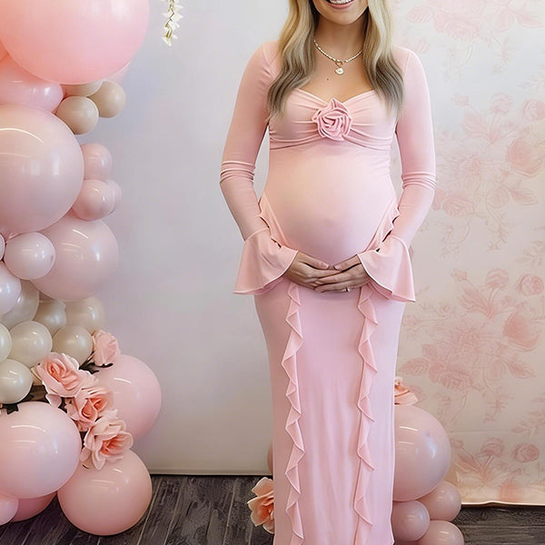 elegant pink baby shower maternity dress with sheer sleeves