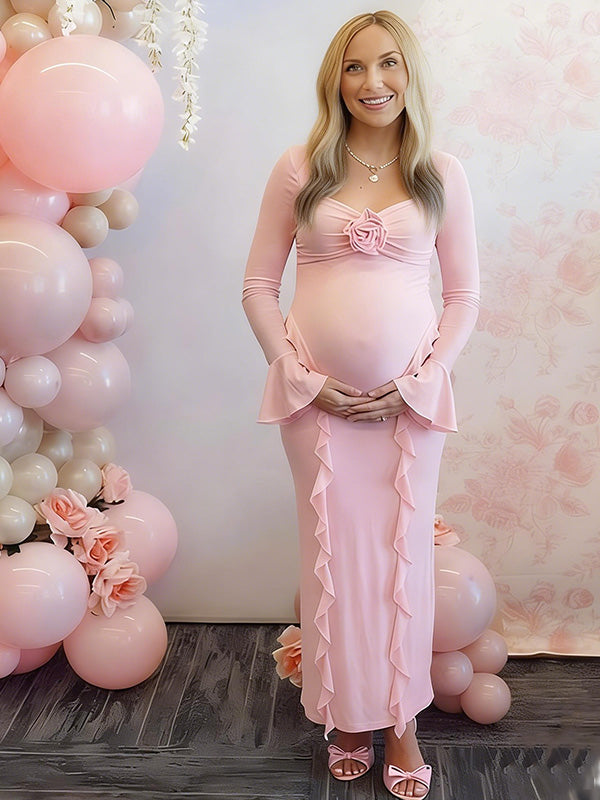 elegant pink baby shower maternity dress with sheer sleeves