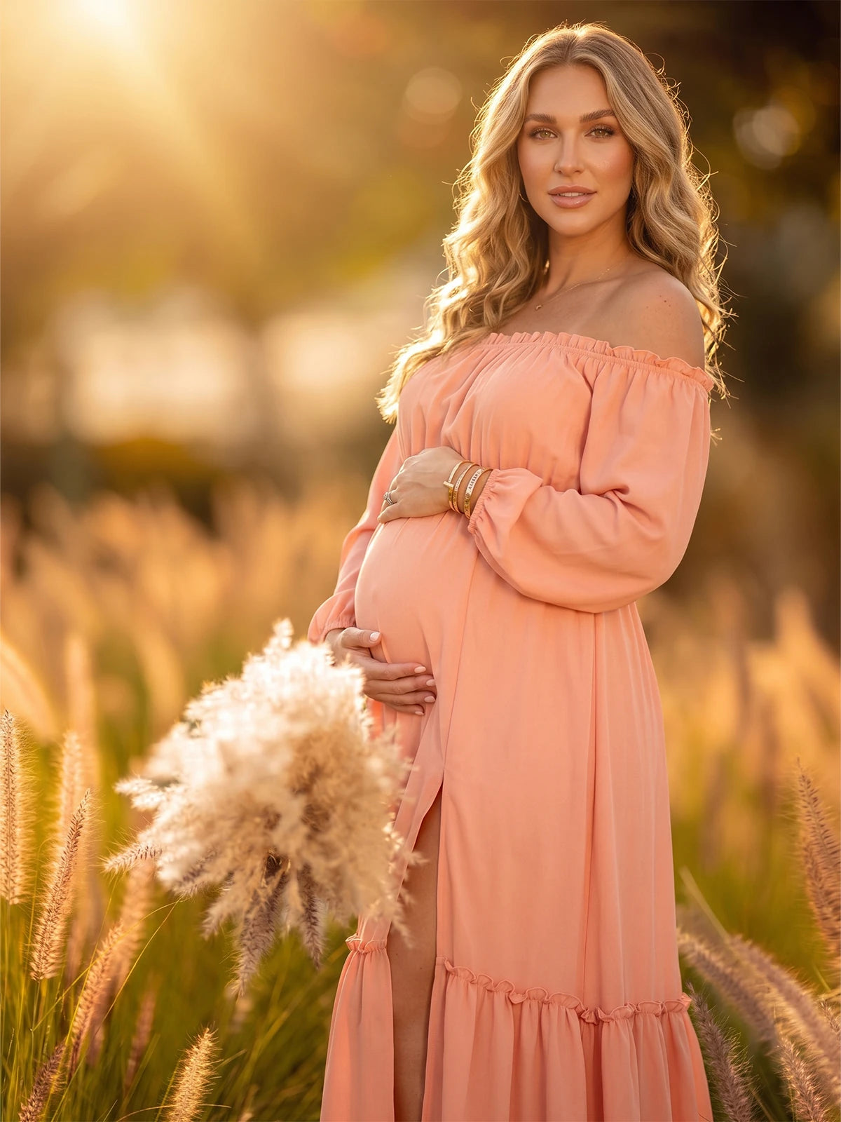 Pink Off Shoulder Maternity Maxi Dress, Baby Shower Dress for Maternity Photoshoot, Gender Reveal, Pregnancy Announcement, Wedding Guest, Bridal Shower | Bumplook