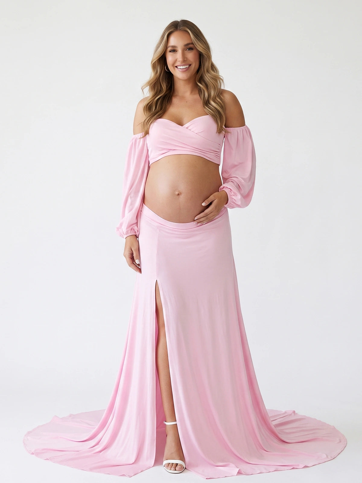Baby Pink Pregnancy Photoshoot Dress, Two Piece Maternity Outfit for Baby Girl Shower and Gender Reveal | Bumplook