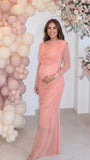 Peach Pink Maternity Dress, Long Sleeve Maternity Dress for Baby Shower, Maternity Photoshoot, Gender Reveal, Pregnancy Announcement, Wedding Guest, Bridal Shower, Formal Events | Bumplook
