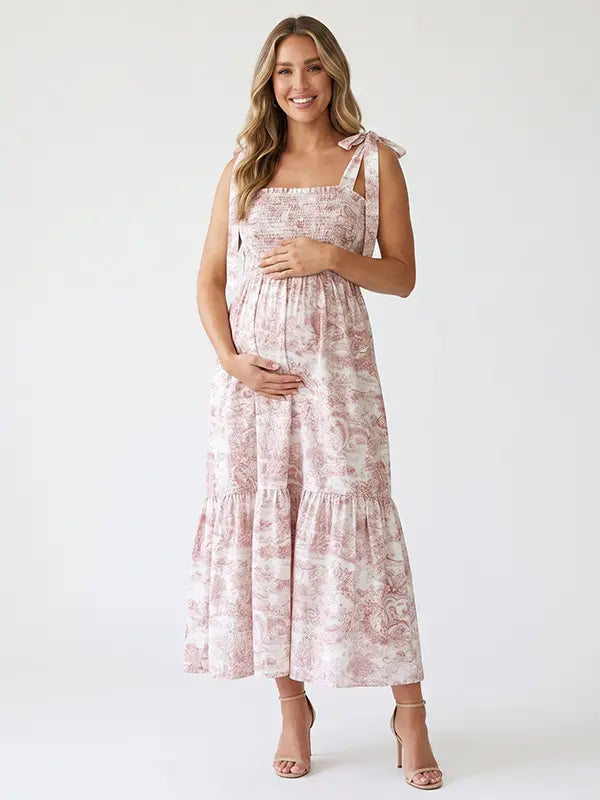 Pink Maternity Sundress with Tie Shoulders and Smocked Bodice | Bumplook