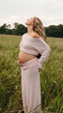 Blush Pink Off-Shoulder Maternity Crop Top and Maxi Skirt, Boho Knit Pregnancy Outfit for Baby Shower, Maternity Photoshoot, Gender Reveal, Pregnancy Announcement, Wedding Guest, Bridal Shower, Formal Events | Bumplook