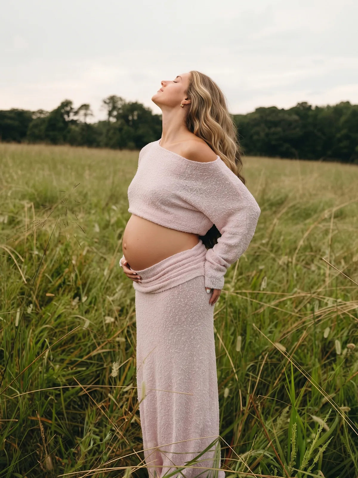 Blush Pink Off-Shoulder Maternity Crop Top and Maxi Skirt, Boho Knit Pregnancy Outfit for Baby Shower, Maternity Photoshoot, Gender Reveal, Pregnancy Announcement, Wedding Guest, Bridal Shower, Formal Events | Bumplook