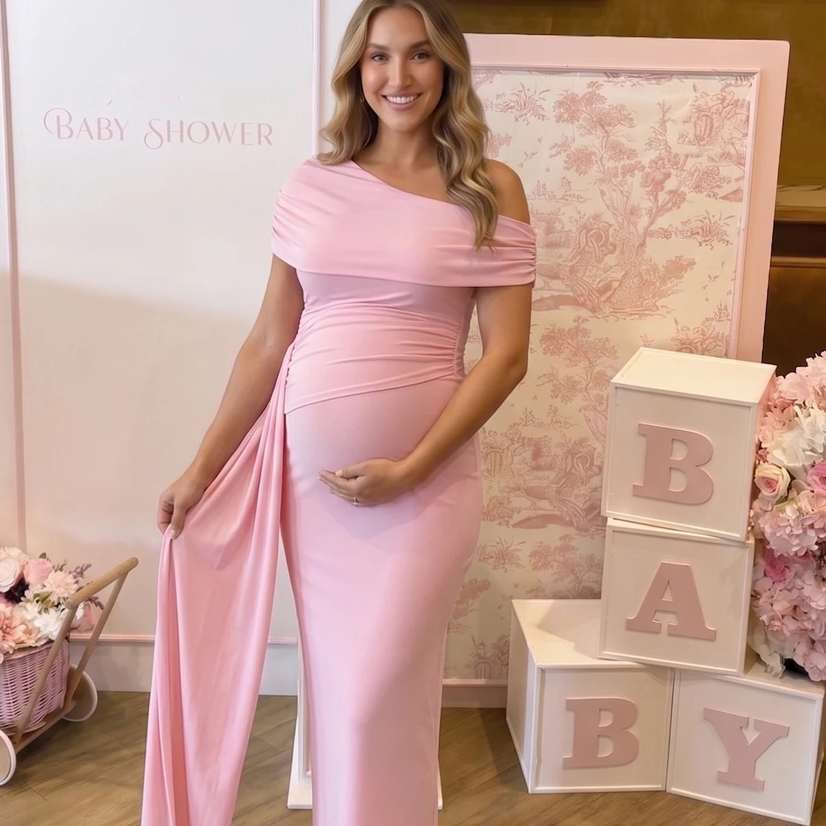 Soft Pink Off Shoulder Maternity Dress for Baby Shower | Bumplook