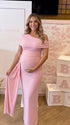 Soft Pink Off Shoulder Maternity Dress for Baby Shower | Bumplook